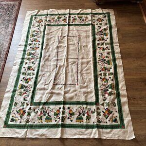 vintage pennsylvania Dutch Tablecloth Linen Size 68 X 50 Festive Green & Beige